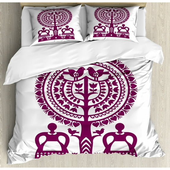 Folk Art Duvet Cover Set King Size, Polish Folkloric Artistic Design Monochromatic Kurpie Papercuts Illustration, Decorative 3 Piece Bedding Set with 2 Pillow Shams, Purple and White, by Ambesonne