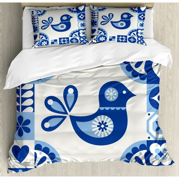 Folk Art Duvet Cover Set Queen Size, Sweet Azulejo Tile Look Floral Pattern with Abstract Bird, Decorative 3 Piece Bedding Set with 2 Pillow Shams, Dark Violet Pale Azure Blue White, by Ambesonne