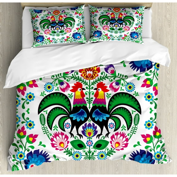 Folk Art Duvet Cover Set Queen Size, Traditional Folkloric Polish Wzory Lowickie with Flowers Leaves and Roosters, Decorative 3 Piece Bedding Set with 2 Pillow Shams, Multicolor, by Ambesonne
