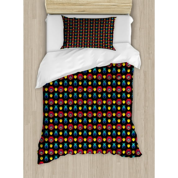 Folk Art Duvet Cover Set, Traditional Polish Ornamentation Art Image with Floral Details, Decorative 2 Piece Bedding Set with 1 Pillow Shams, Twin Size, Charcoal Grey and Multicolor, by Ambesonne