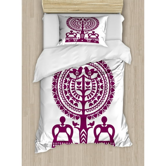 Folk Art Duvet Cover Set Twin Size, Polish Folkloric Artistic Design Monochromatic Kurpie Papercuts Illustration, Decorative 2 Piece Bedding Set with 1 Pillow Sham, Purple and White, by Ambesonne