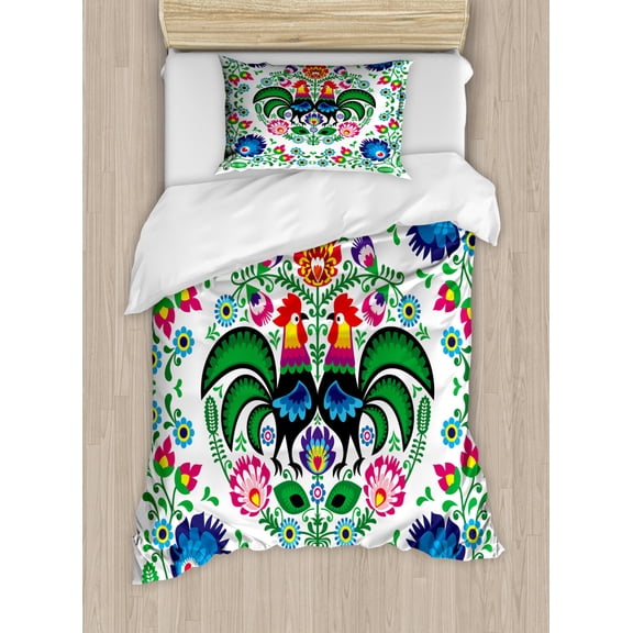 Folk Art Duvet Cover Set Twin Size, Traditional Folkloric Polish Wzory Lowickie with Flowers Leaves and Roosters, Decorative 2 Piece Bedding Set with 1 Pillow Sham, Multicolor, by Ambesonne