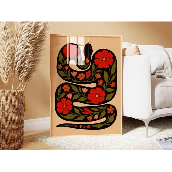 Folk Art Floral Snake Poster Boho Botanical Serpent Poster Red Flower Snake Illustration , Poster Print Only