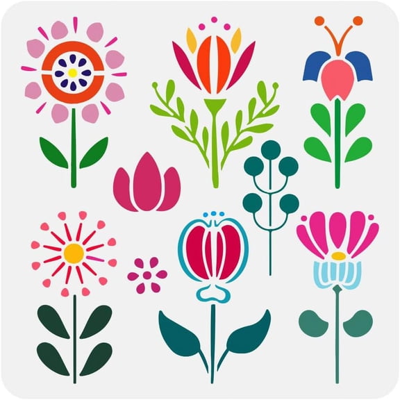 Folk Art Flowers Painting Stencil 11.8x11.8 Inch Reusable Floral Pattern Template