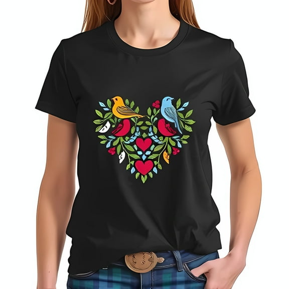 Folk-Art Heart Design Cotton Short Sleeve T-Shirt with Colorful Birds and Leaves - Vibrant Graphic Tee