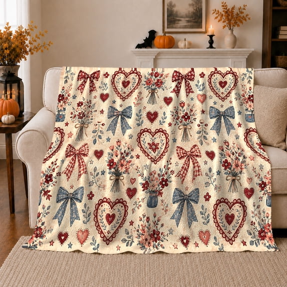 Folk Art Hearts Flowers Fall Country Living Room, Cozy Botanical Garden Scene, Warm Flannel Blanket for Sunroom and Reading Nook, Garden Lovers Thanksgiving Gift, Artistic Home Decor
