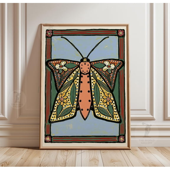Folk Art Moth Poster Botanical Insect Wall Decor Paper Print