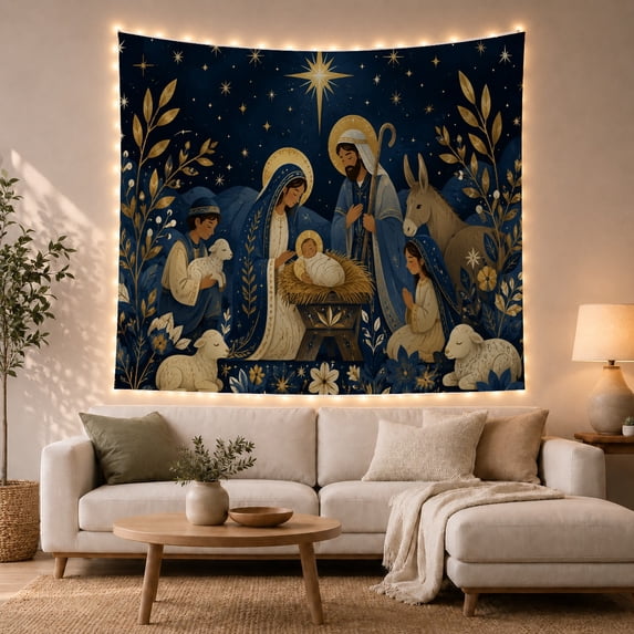Folk Art Nativity Under Gold Stars Peaceful Folk Art Illustration for Christmas Decor Lovers Christian Wall Art Christmas Gift Tapestry Wall Hanging for Bedroom and Nursery