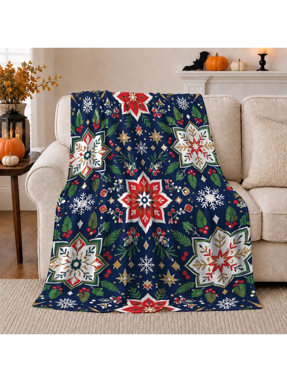 Folk Art Poinsettia Pattern in Traditional Holiday Style for Holiday Lovers, Holly Pine Snowflake Scene, Warm Flannel Blanket for Bedroom and Family Room, Christmas Gift, Winter Home Decor