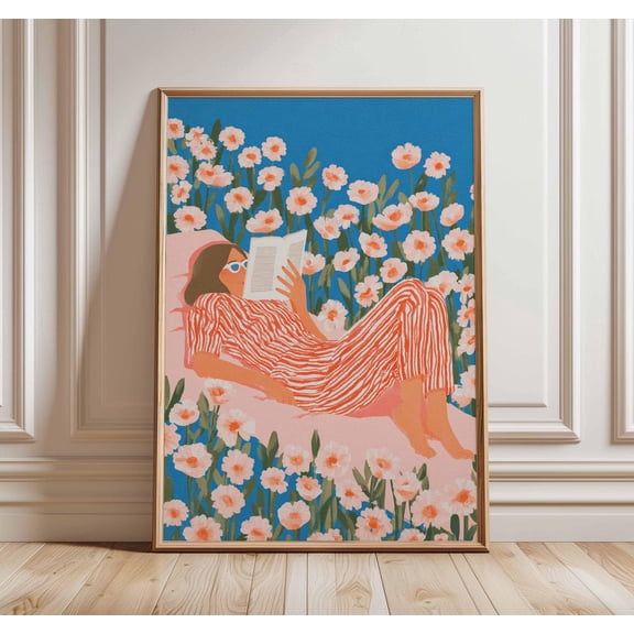 Folk Art Reading Floral Pattern Book Lover Whimsical Illustration Wall Art Unframed Paper Print