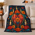 thumbnail image 1 of Folk Art Red Heart Candles Marigolds Day Of, Festive Botanical Garden Scene, Warm Flannel Blanket for Sunroom and Reading Nook, Garden Lovers Valentine's Day Gift, Botanical Home Decor, 1 of 8