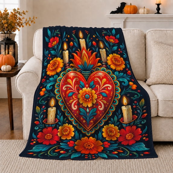Folk Art Red Heart Candles Marigolds Day Of, Festive Botanical Garden Scene, Warm Flannel Blanket for Sunroom and Reading Nook, Garden Lovers Valentine's Day Gift, Botanical Home Decor