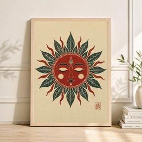 Folk Art Red Sun Face Poster, Celestial Boho Spiritual Wall Art , Poster Print Only