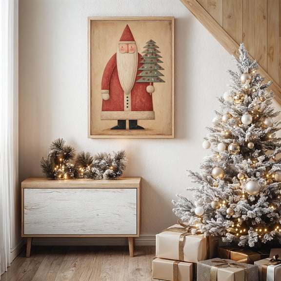Folk Art Santa With Poster Christmas Tree Rustic Wall Art In Whimsical Primitive Style , Poster Print Only