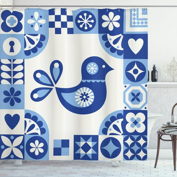 Folk Art Shower Curtain, Sweet Azulejo Tile Look Floral Pattern with Abstract Bird, Fabric Bathroom Set with Hooks, 69W X 75L Inches Long, Dark Violet Pale Azure Blue White, by Ambesonne
