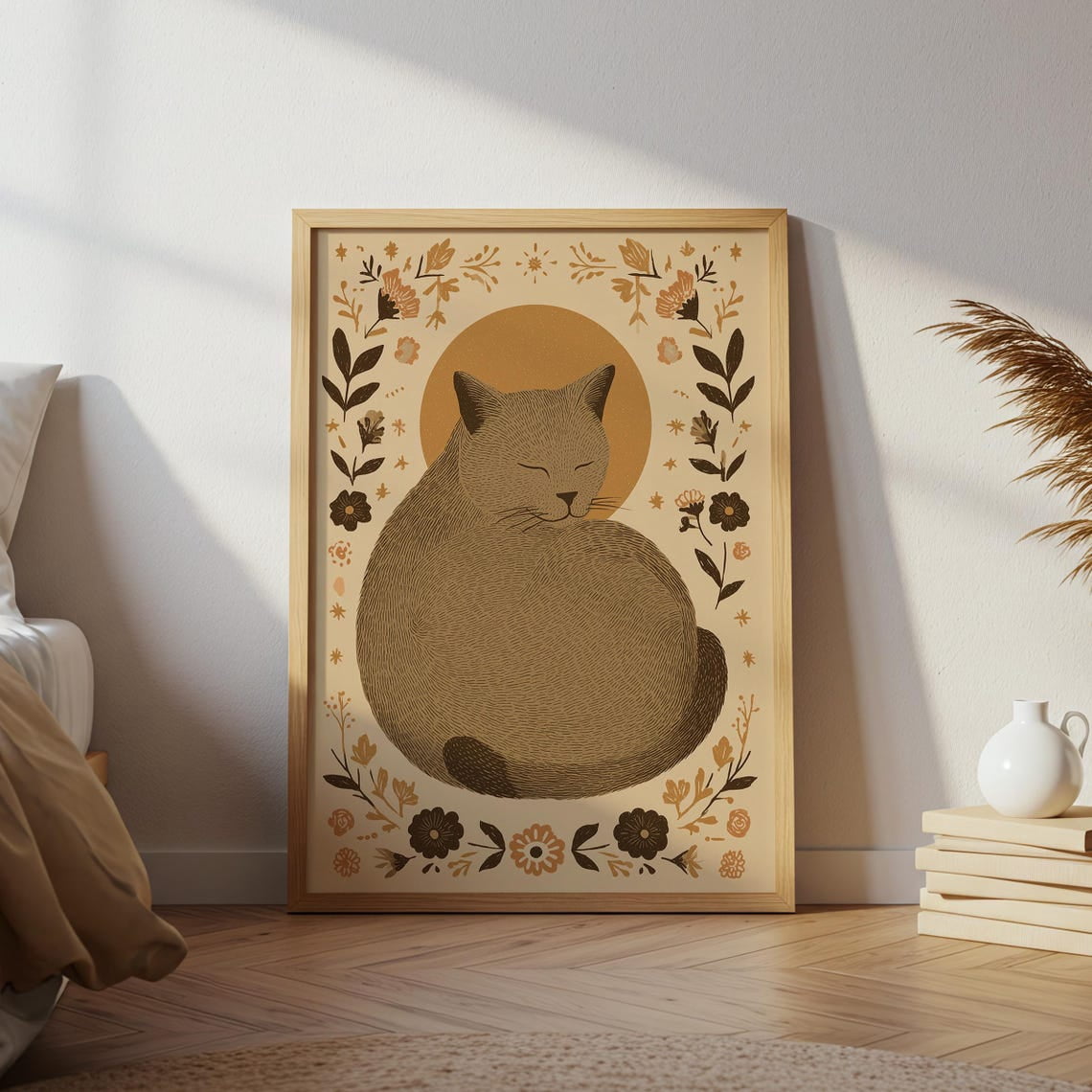 Folk Art Sleeping Cat Cottagecore Floral Illustration Pdf And Jpg Wall ...