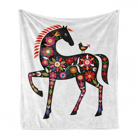 Folk Art Soft Flannel Fleece Throw Blanket, Abstract Animal Print Horse and Bird with Traditional Slovak Flower Ornaments, Cozy Plush for Indoor and Outdoor Use, 50" x 60", Multicolor, by Ambesonne