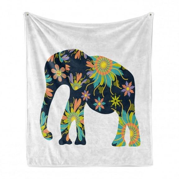 Folk Art Soft Flannel Fleece Throw Blanket, Animal Print Image with Blossoming Abstract Floral Ornamental Silhouette, Cozy Plush for Indoor and Outdoor Use, 50" x 60", Multicolor, by Ambesonne