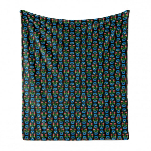 Folk Art Soft Flannel Fleece Throw Blanket, Culture Themed Traditional Polish Flower Ornamental Motif on Dark Background, Cozy Plush for Indoor and Outdoor Use, 70" x 90", Multicolor, by Ambesonne