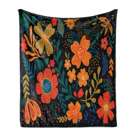 Folk Art Soft Flannel Fleece Throw Blanket, Floral Motifs and Leaves Bouquets Image in Polish Art Style, Cozy Plush for Indoor and Outdoor Use, 70" x 90", Charcoal Grey and Multicolor, by Ambesonne