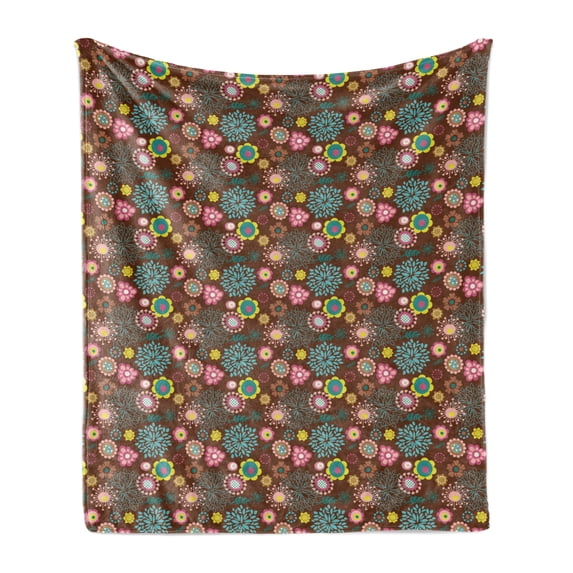 Folk Art Soft Flannel Fleece Throw Blanket, Illustration of Abstract Colorful Flowers Spring Thrill, Cozy Plush for Indoor and Outdoor Use, 50" x 70", Dark Rosewood Multicolor, by Ambesonne