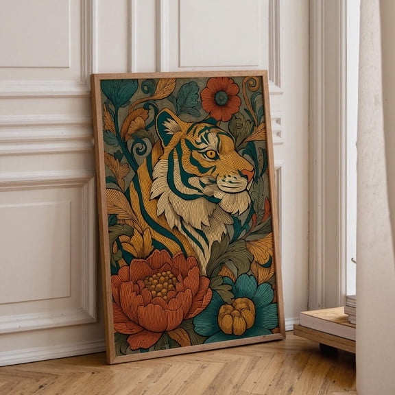 Folk Art Tiger Maximalist Floral Animal Poster Unframed Paper Print