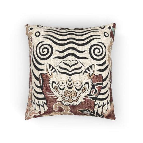 Folk Art Tiger and Floral Red Cream Decorative Woven Pillow, Cotton-Polyester Shell, Eclectic Home Accent