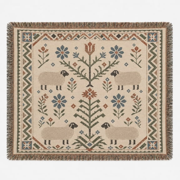Folk Art Tree, Sheep and Floral Motif in Cream, Green and Blue Woven Throw Blanket, 100% Cotton, Rustic Home Decor