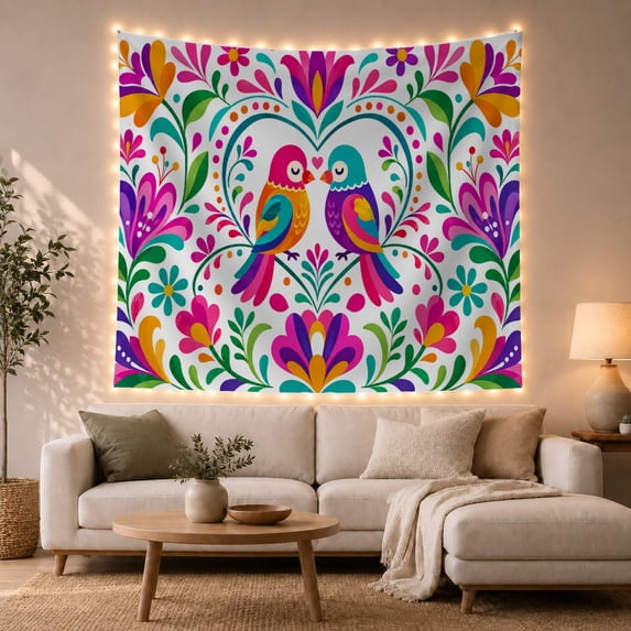 Folk Art Two With Stylized Birds As, Mystical Fantasy for Space Lovers, Galaxy Room Decor Room Accent, Valentine's Day Gift, Tapestry Wall Hanging for Bedroom and Dorm