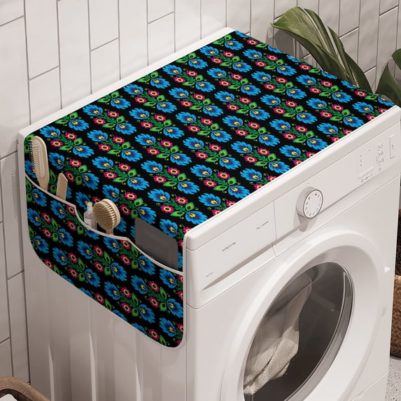 Folk Art Washing Machine Organizer Pack of 2, Culture Themed Traditional Polish Flower Ornamental Motif on Dark Background, Anti-Slip Cover for Washers Dryers, 47" x 18.5", Multicolor, by Ambesonne