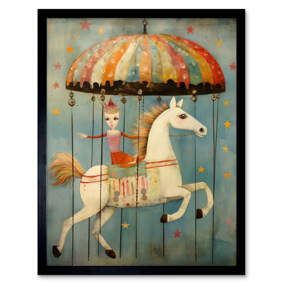 Folk Art Whimsical Carousel Fairground Kids Girls Bedroom Artwork Soft Pastel Horse Art Print Framed Poster Wall Decor 12x16 inch
