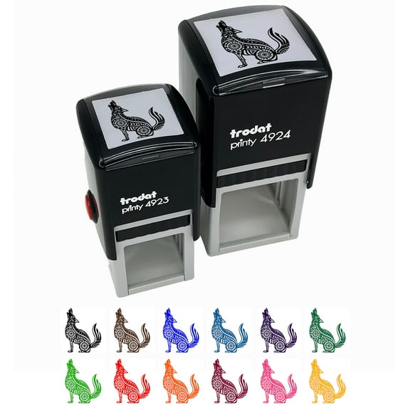 Folk Art Wolf Self-Inking Rubber Stamp Ink Stamper - Orange Ink - Small 1 Inch