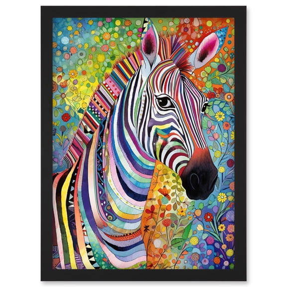 Folk Art Zebra Colourful Flower Boho Artwork Framed Wall Art Print A4