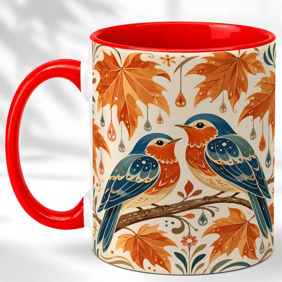 Folk Autumn Birds Coffee Mug, Fall Leaf Mug, Ceramic 11 oz