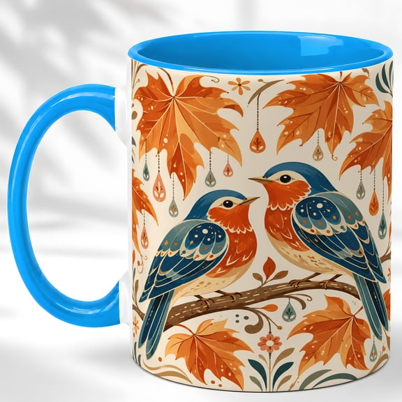 Folk Autumn Birds Coffee Mug, Fall Leaf Mug, Ceramic 11 oz