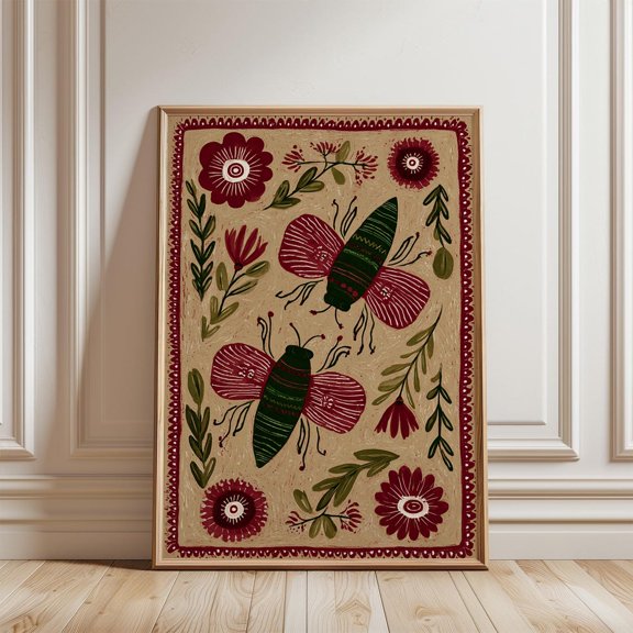 Folk Beetle Burgundy Green Poster, Stretched Canvas 12x16in