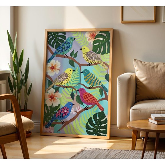 Folk Bird Print Colourful Bird Wall Art Bird Lover Gift Maximalist Decor, Unframed Paper Print