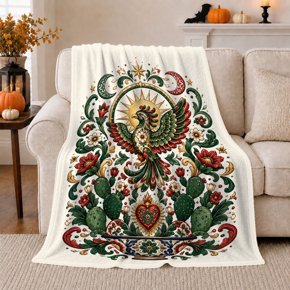 Folk Bird with Sun and Cactus Flowers, Regal Southwest Style for Bird Lovers, Floral Phoenix Motif and Housewarming Gift, Soft Flannel Blanket for Sunroom and Guest Room, Colorful Home Decor