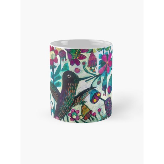 Folk Bird and Botanical Coffee Mug, 11oz Ceramic, Teal, Green and Magenta Full-Wrap Artwork