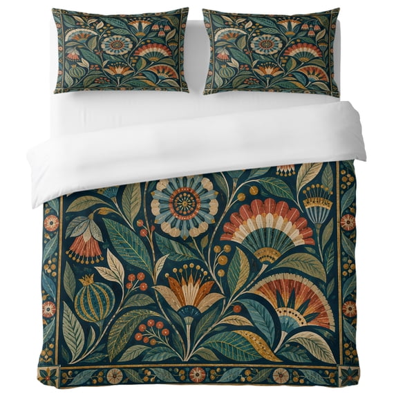Folk Botanical King Duvet Cover Set, Vintage Fan Petals Floral Curved ...