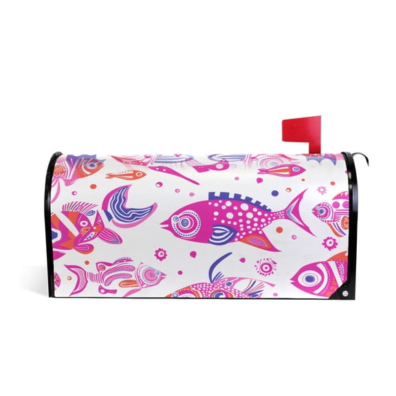 Folk Cartoon Playful Fish Mailbox Covers Magnetic Post Box Cover Wraps Standard Size 25.5"x21" Waterproof Home Garden Yard Outside Decor