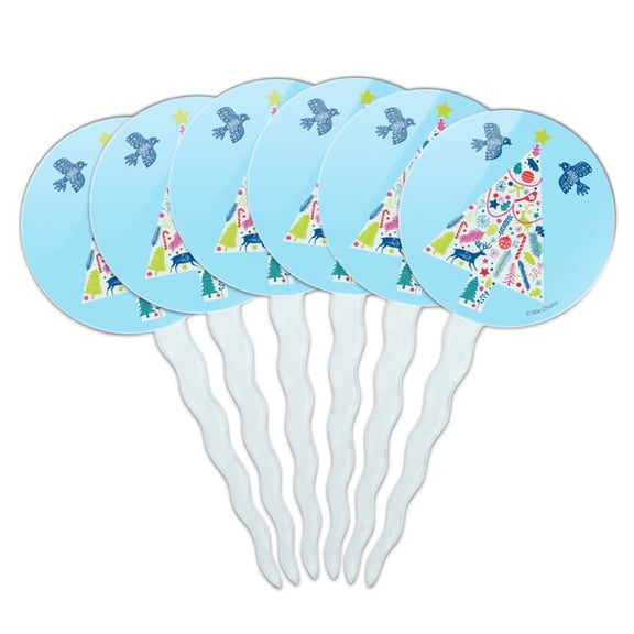 Folk Christmas Tree Cupcake Picks Toppers Decoration Set of 6