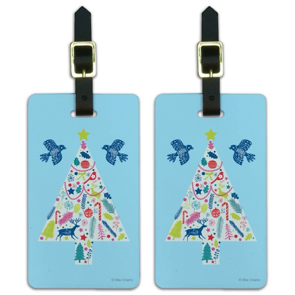 Folk Christmas Tree Luggage ID Tags Suitcase Carry-On Cards - Set of 2