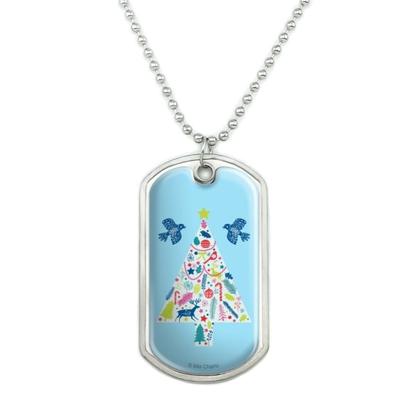 Folk Christmas Tree Military Dog Tag Pendant Necklace with Chain