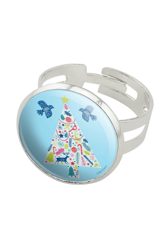 Folk Christmas Tree Silver Plated Adjustable Novelty Ring