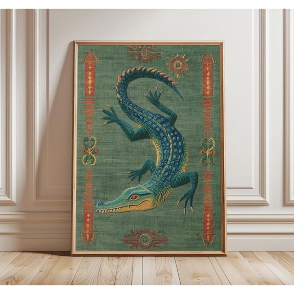 Folk Crocodile Tapestry Handcrafted Tribal Pattern Green Red Textile Art, Unframed Paper Poster 8x10in