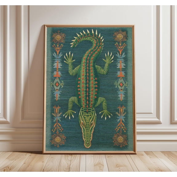 Folk Crocodile Tapestry Wall Art, Handcrafted Tribal Pattern Poster, Green and Red Textile-Inspired Print for Eclectic Interiors, Poster Only