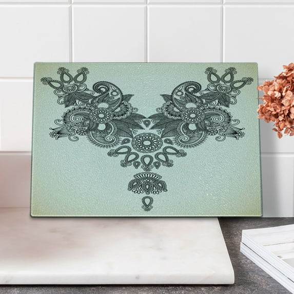 Folk Cutting Board, Far Eastern Vintage Fashion Ornamental Paisley Abstract Art Oriental Effect, Decorative Tempered Glass Cutting and Serving Board, Small Size, Black Cream, by Ambesonne