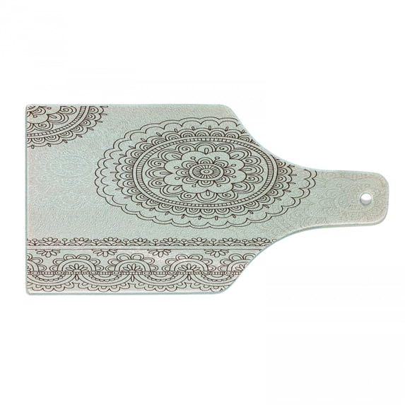 Folk Cutting Board, Floral Tattoo Design Inspirations from Civilizations Doodle Style Soft Colored, Decorative Tempered Glass Cutting and Serving Board, Wine Bottle Shape, Brown Cream, by Ambesonne