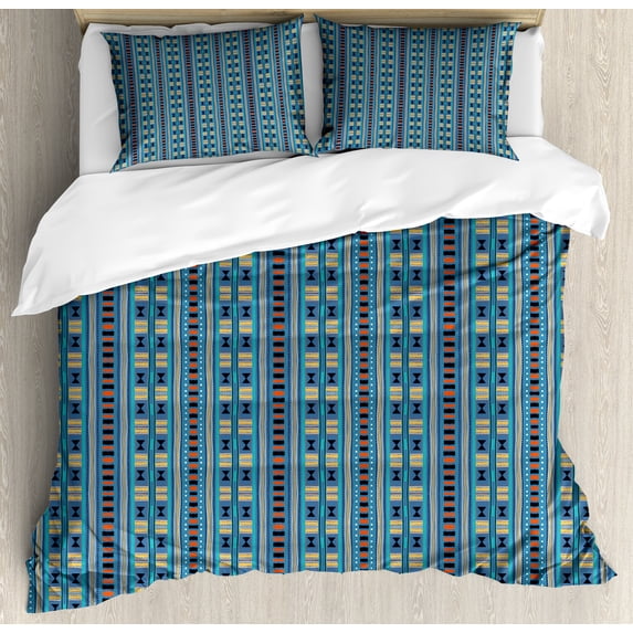 Folk Duvet Cover Set, Colorful Abstract Style Pattern with Stripes and Triangles, Decorative 3 Piece Bedding Set with 2 Pillow Shams, Calking Size, Slate Blue Multicolor, by Ambesonne